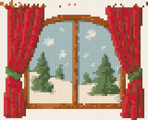 Snowy Window cross stitch pattern, stitched preview