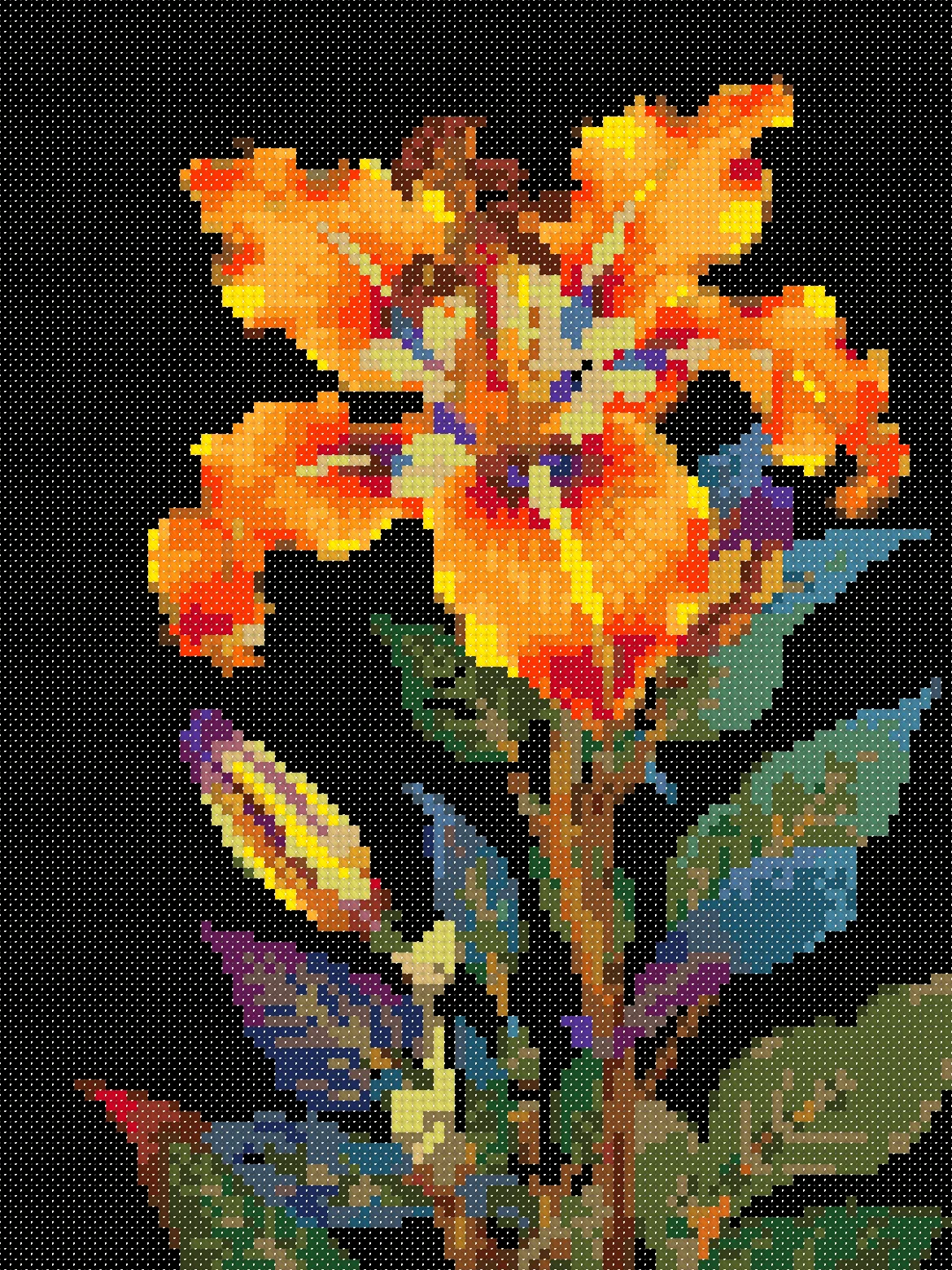 Tiger Lily cross stitch pattern, stitched preview on Aida