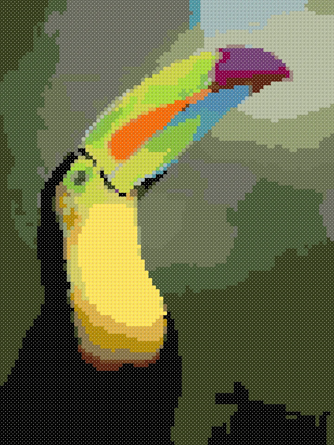 Toucan cross stitch pattern, stitched preview on Aida