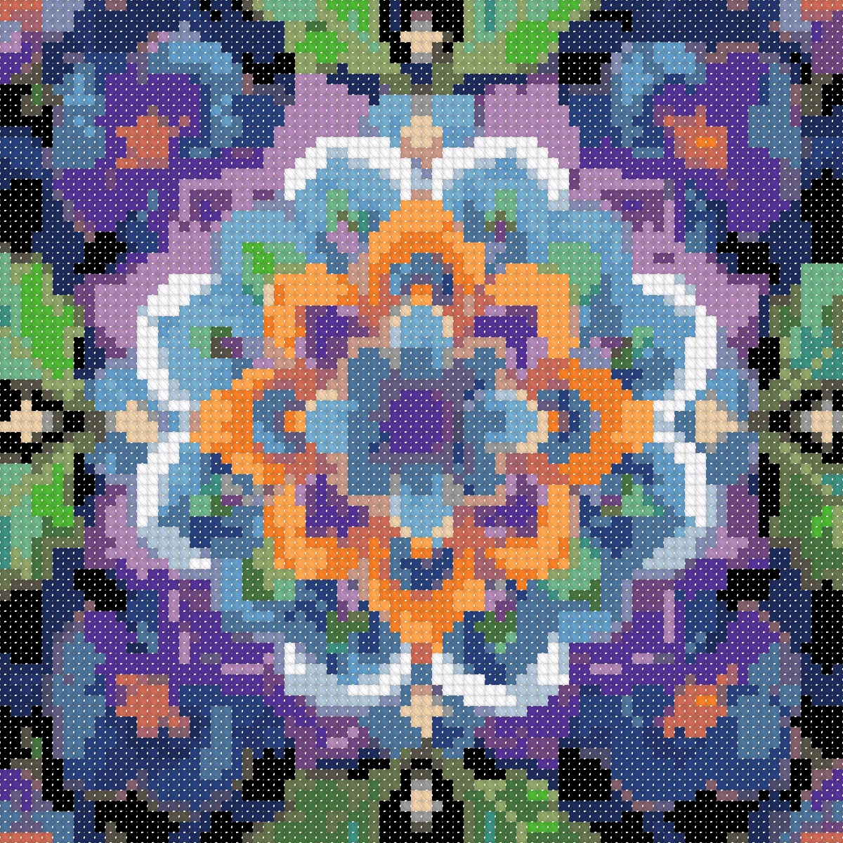 Violet Flower Mandala cross stitch pattern, stitched preview on Aida
