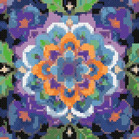 Violet Flower Mandala cross stitch pattern, stitched preview