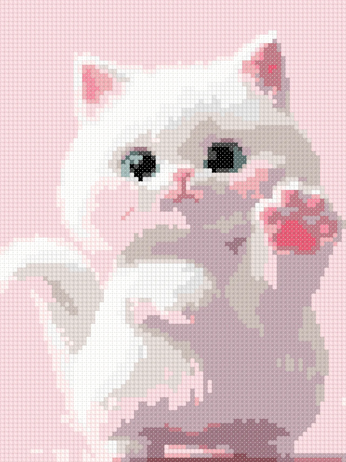 White Kitten cross stitch pattern, stitched preview on Aida