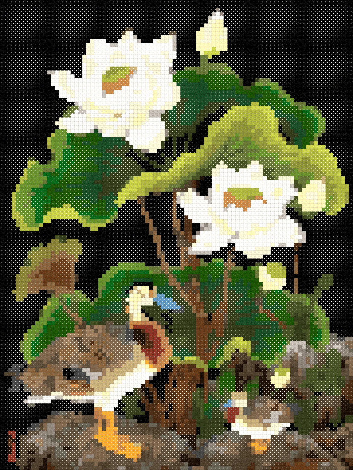 White Lotus and Ducks cross stitch pattern, stitched preview on Aida